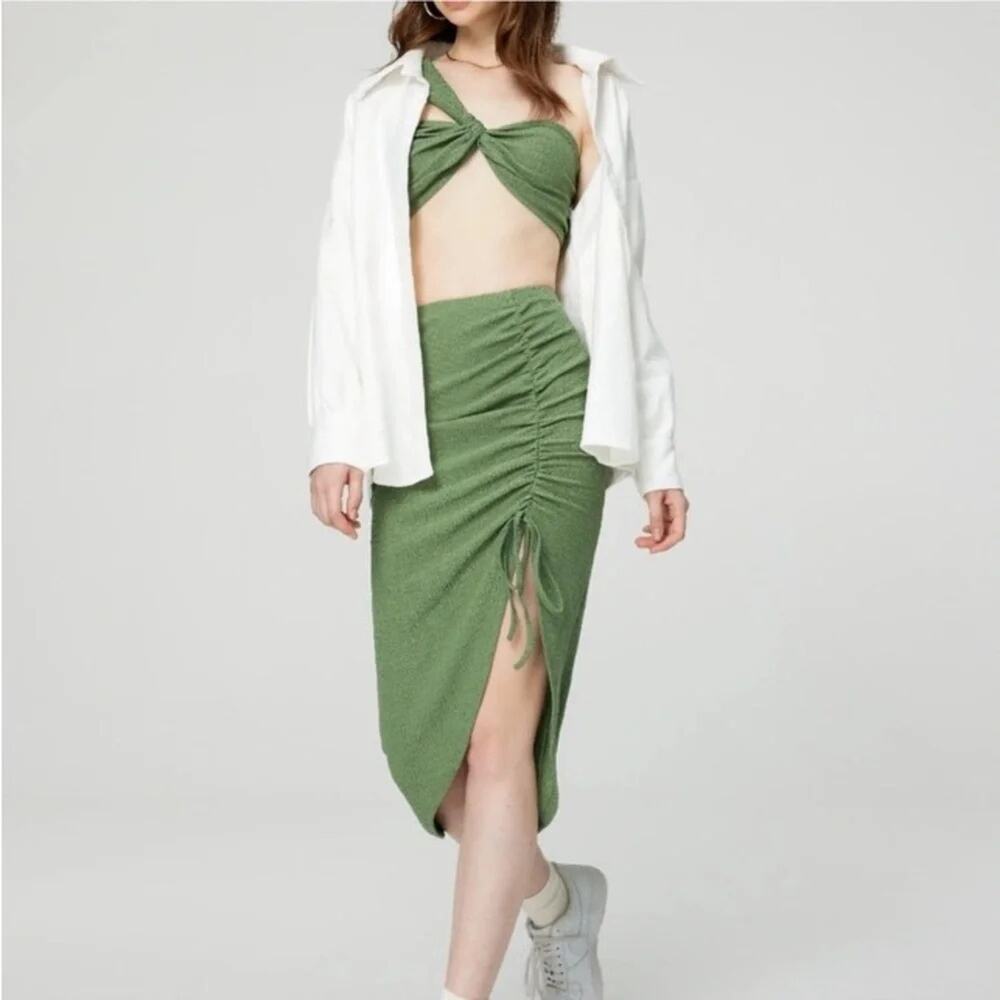 Cider Green Textured Side Cinch Drawstring Bow Midi Skirt Size L